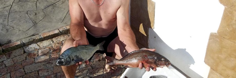 Calla Leeuwner by â€˜n klompie vis wat hy met â€˜n pylgeweer geskiet het.